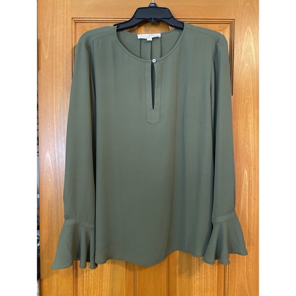 Loft Women Bohemian Boho Bell Sleeve Top Olive Green Loose Medium Chic Business - Picture 1 of 8